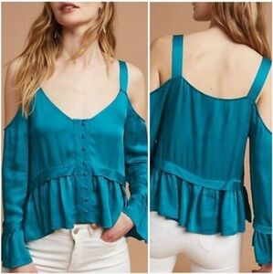 NWT Maeve ByGone Cold Shoulder Teal Satin Blouse Anthropologie Size Medium